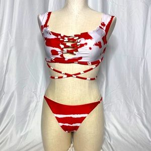 Tie-Dyed Off The Shoulder Bikini Set - Red S